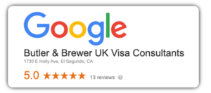 Google has 13 reviews with an average of 5 stars for Butler and Brewer UK Visas and Immigration services